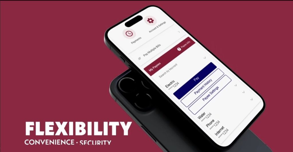 Two smart phones displaying a mock up of the LincOne Federal Credit Union mobile app's bill pay page.